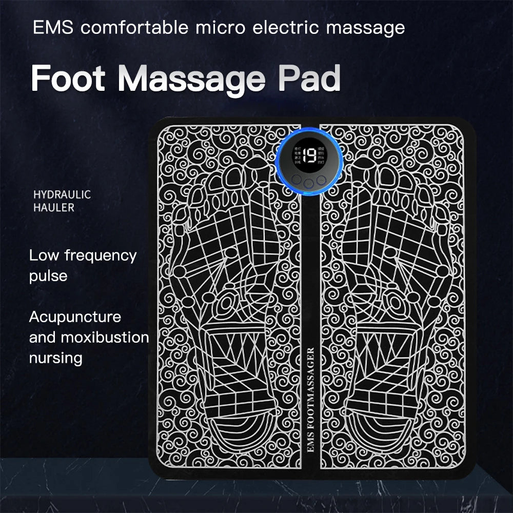 "Electric Foot Massager Pad – EMS muscle stimulator mat for relaxing feet massage, improving circulation, and fitness recovery. USB rechargeable and easy to use.