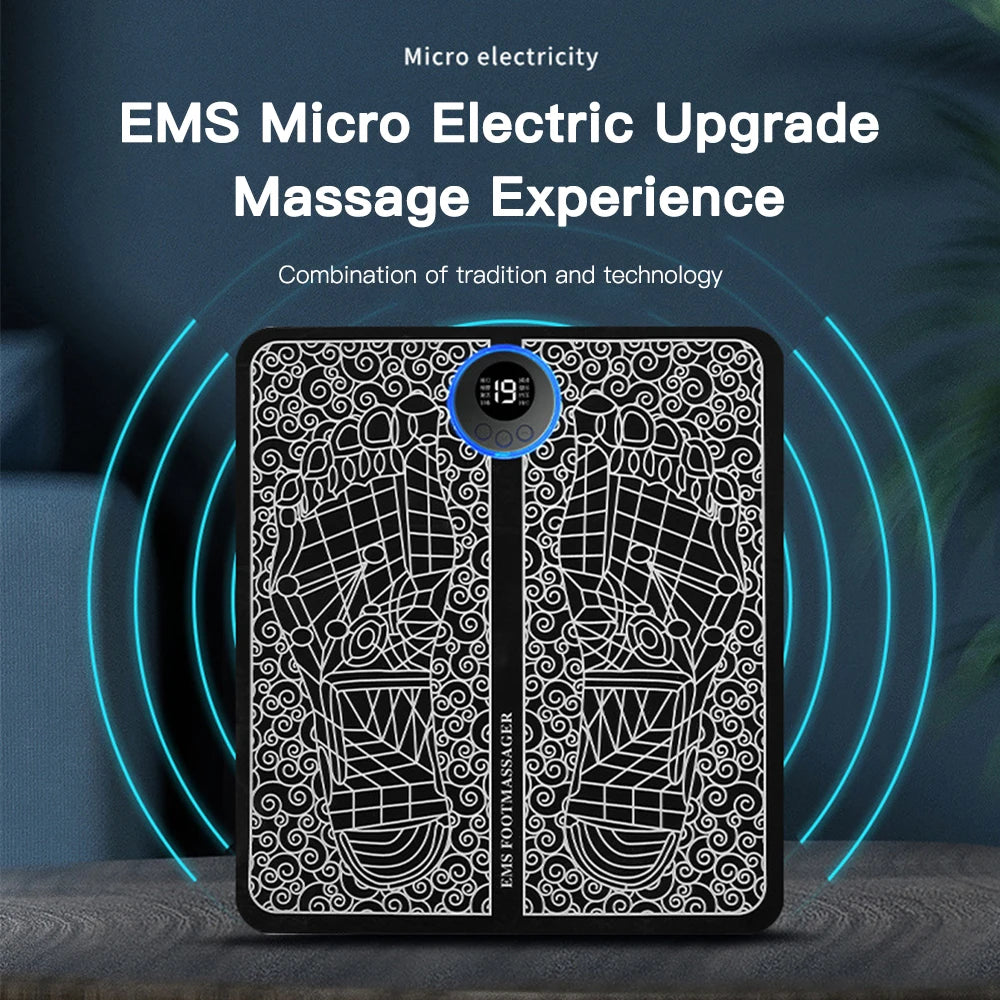 "Electric Foot Massager Pad – EMS muscle stimulator mat for relaxing feet massage, improving circulation, and fitness recovery. USB rechargeable and easy to use.