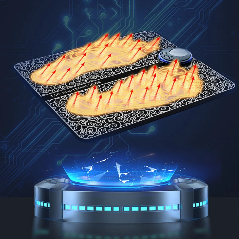 "Electric Foot Massager Pad – EMS muscle stimulator mat for relaxing feet massage, improving circulation, and fitness recovery. USB rechargeable and easy to use.