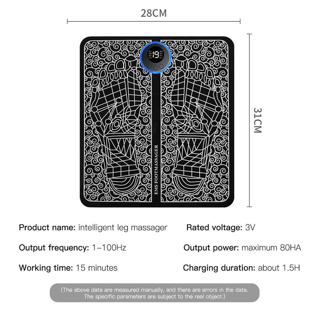 "Electric Foot Massager Pad – EMS muscle stimulator mat for relaxing feet massage, improving circulation, and fitness recovery. USB rechargeable and easy to use.