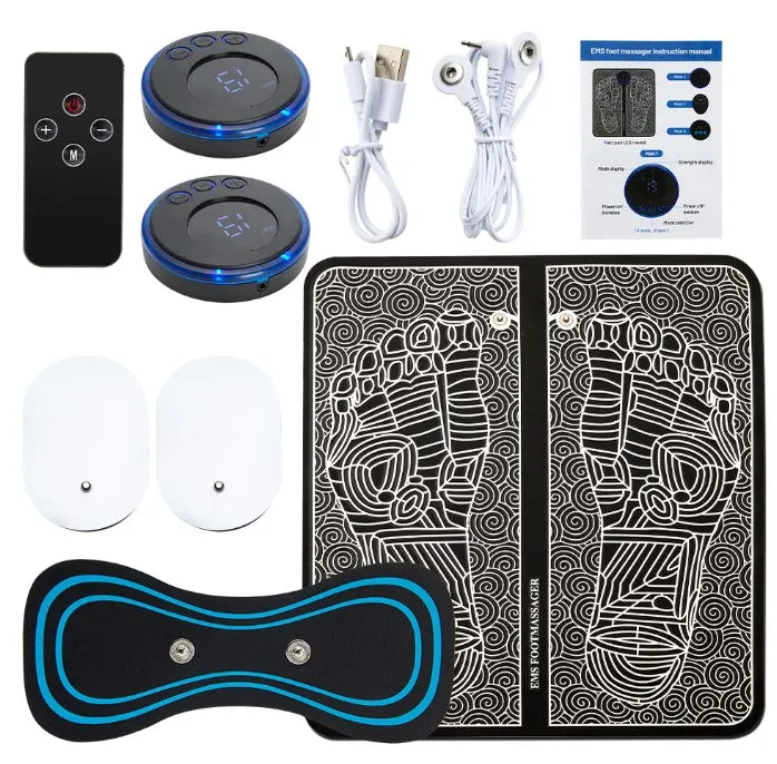 "Electric Foot Massager Pad – EMS muscle stimulator mat for relaxing feet massage, improving circulation, and fitness recovery. USB rechargeable and easy to use.