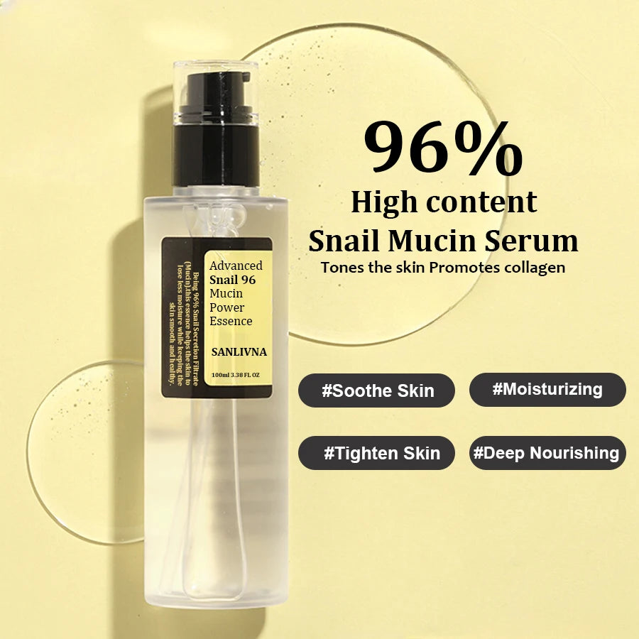 Snail Mucin 96% Facial Essence – Korean skincare formula for brightening, anti-aging, reducing fine lines, and repairing skin for a firmer, smoother look