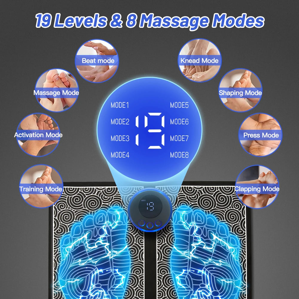 "Electric Foot Massager Pad – EMS muscle stimulator mat for relaxing feet massage, improving circulation, and fitness recovery. USB rechargeable and easy to use.