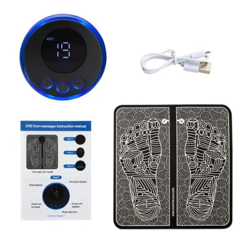 "Electric Foot Massager Pad – EMS muscle stimulator mat for relaxing feet massage, improving circulation, and fitness recovery. USB rechargeable and easy to use.