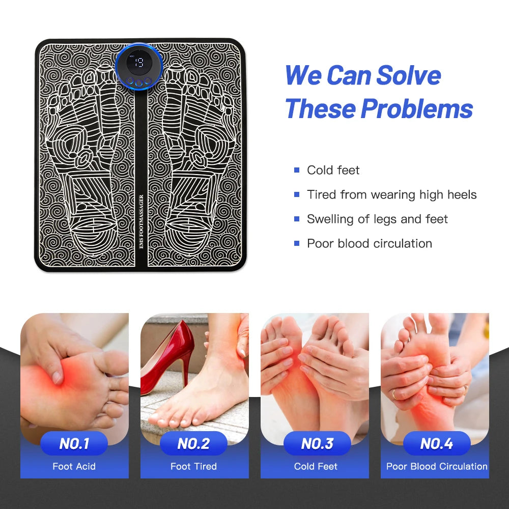 "Electric Foot Massager Pad – EMS muscle stimulator mat for relaxing feet massage, improving circulation, and fitness recovery. USB rechargeable and easy to use.