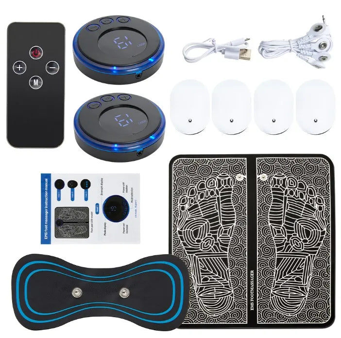 "Electric Foot Massager Pad – EMS muscle stimulator mat for relaxing feet massage, improving circulation, and fitness recovery. USB rechargeable and easy to use.