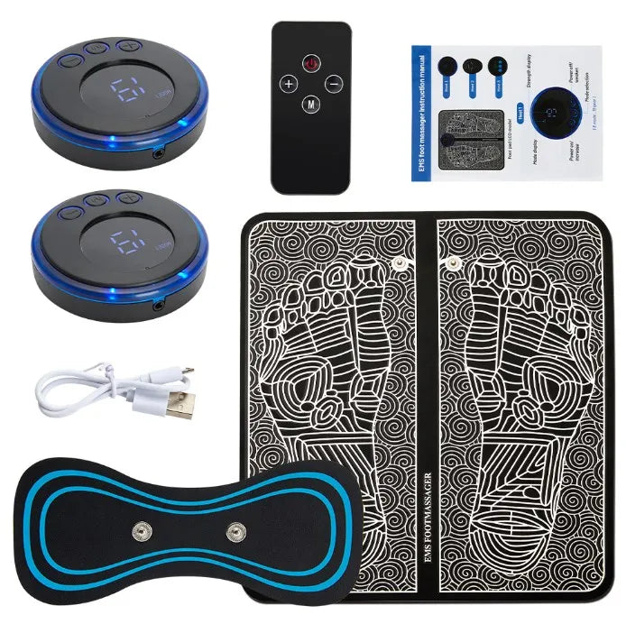 "Electric Foot Massager Pad – EMS muscle stimulator mat for relaxing feet massage, improving circulation, and fitness recovery. USB rechargeable and easy to use.